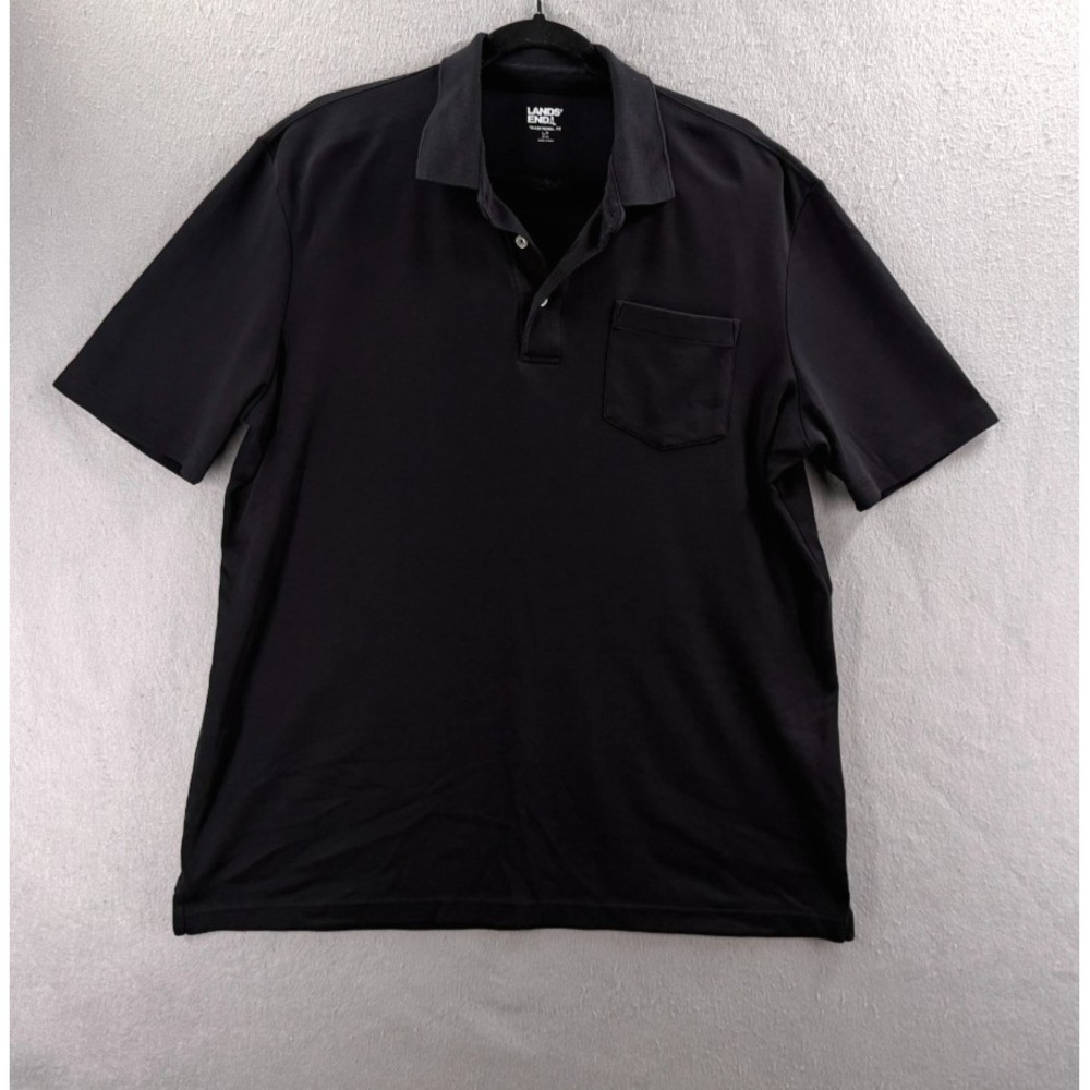 Lands' End Polo Shirt Mens LT TALL Black Supima Pocket Traditional Fit Old Money